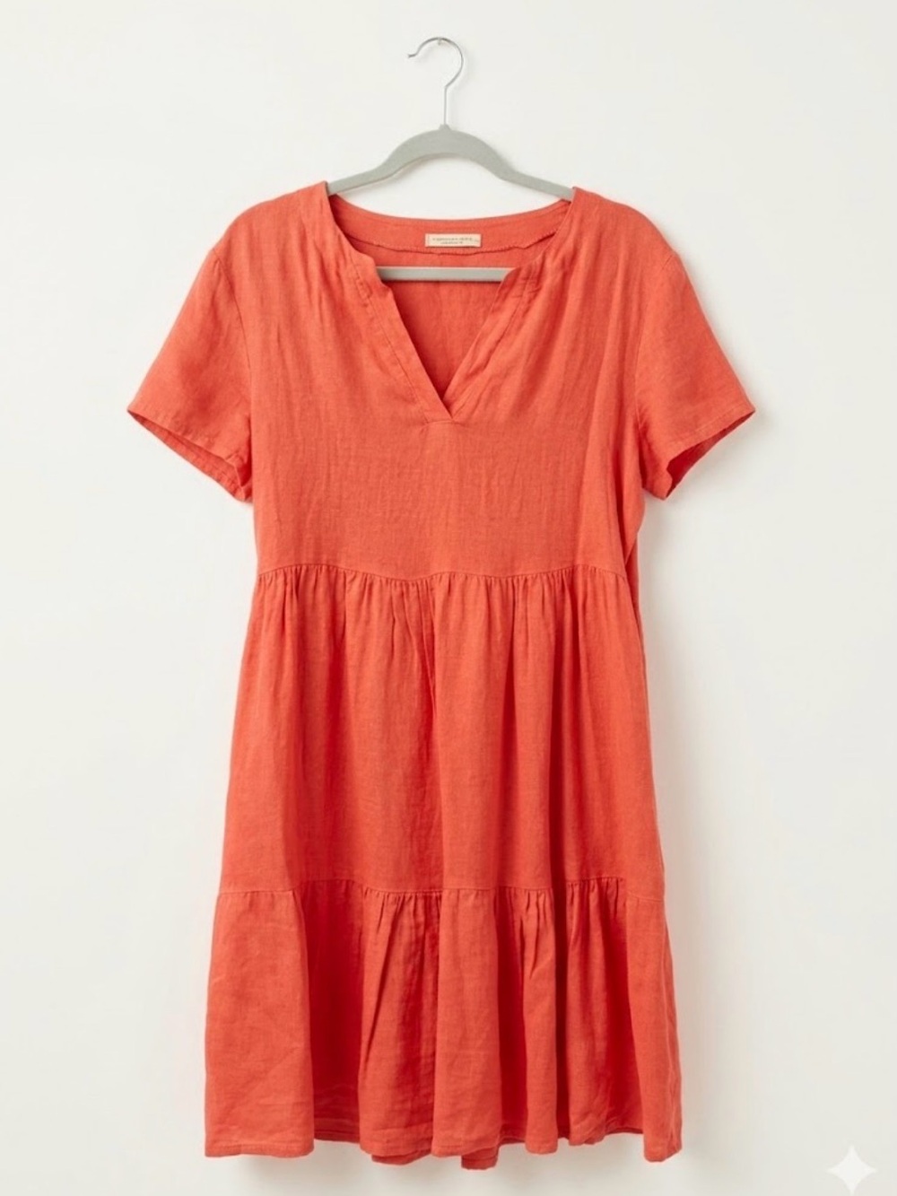 Red Linen Tiered V-Neck Short Sleeve Dress